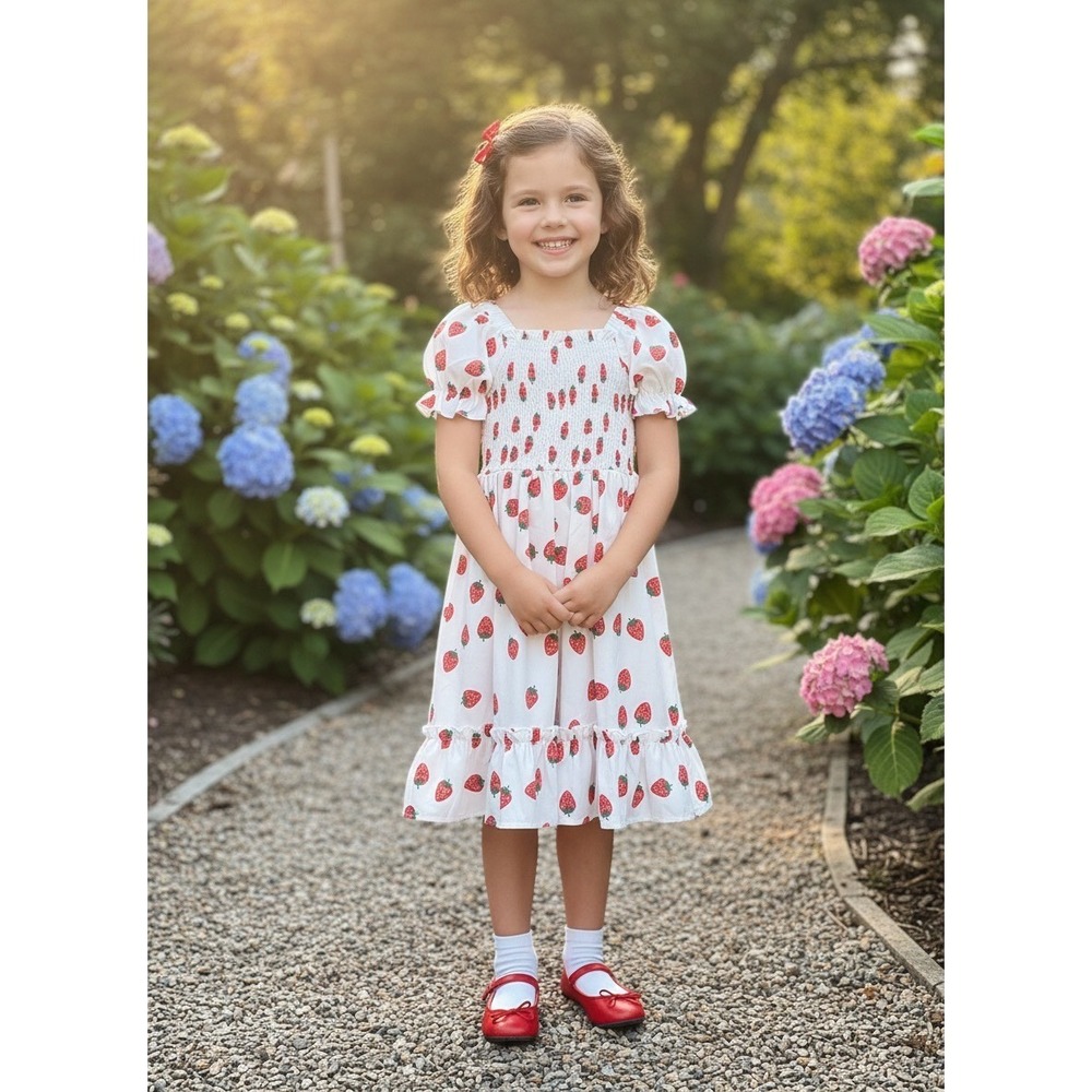Girls Strawberry Print Smocked Puff Sleeve Ruffle Hem Summer Dress White Red